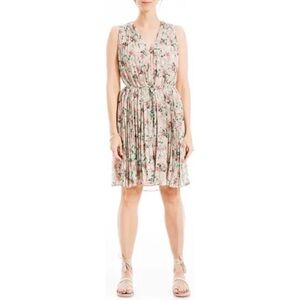 Max Studio V-Neck Sleeveless Tie Waist Floral Print Shift Dress in Tan & Green